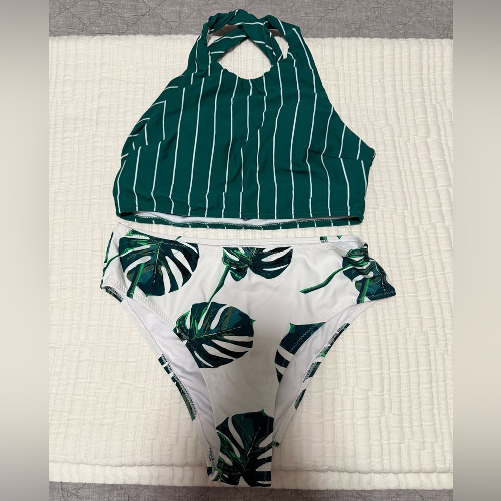 Green Striped Bikini Top and Leaf Print Bottom